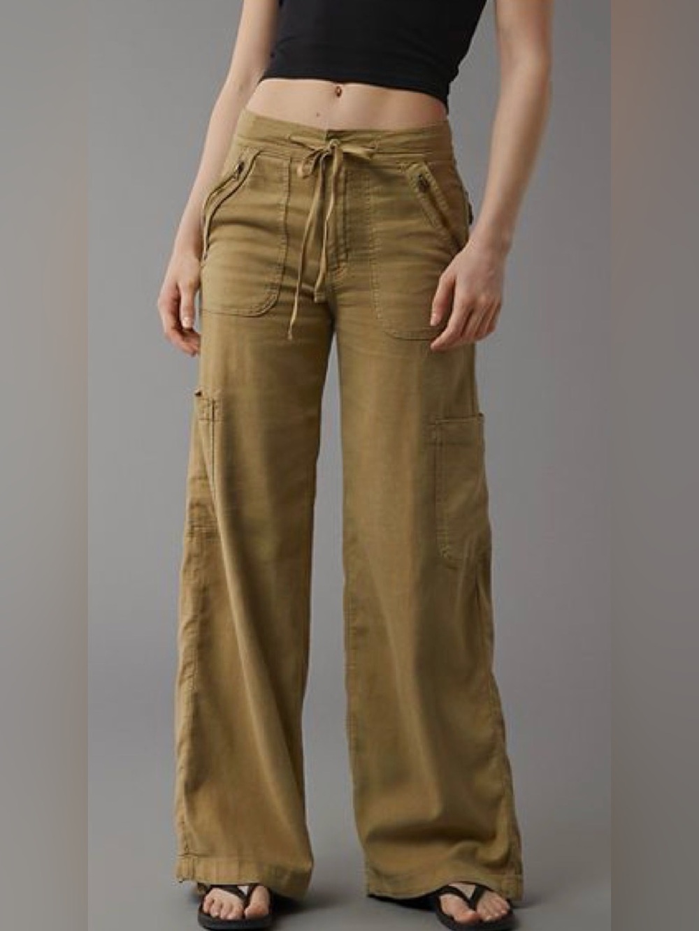 American Eagle Dreamy Drape Linen-Blend Wide Leg Cargo Pants Tan 10 EUC
